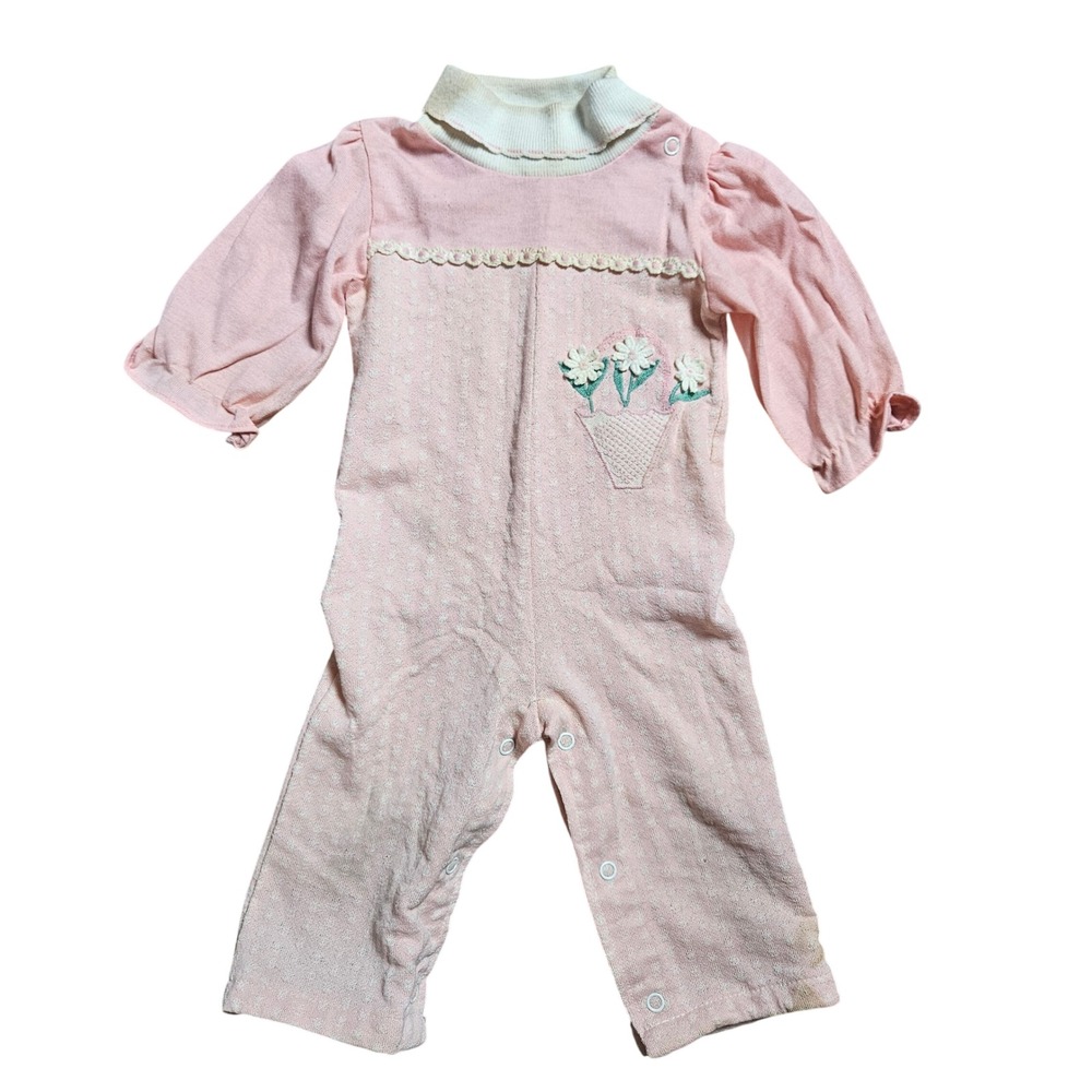 Vintage Health-tex Pointelle Floral Romper Snap Suit 12 Mos USA Cottagecore